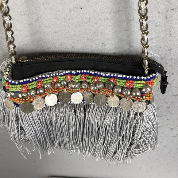 Elliot Mann Purse Beaded Fringe Coin Indie Firefly Boho Art to Wear Retro - Picture 8 of 16